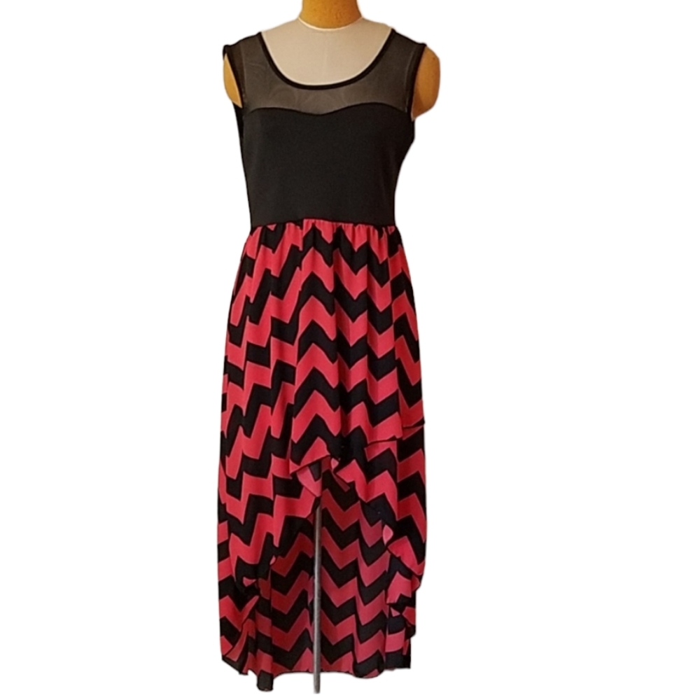 Vibe Black & Coral Chevron Print High Low Dress XL